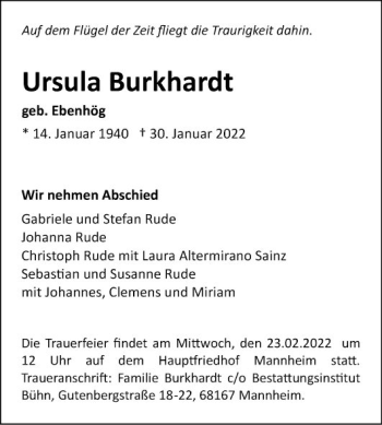 Traueranzeige von Ursula Burkhardt von Mannheimer Morgen