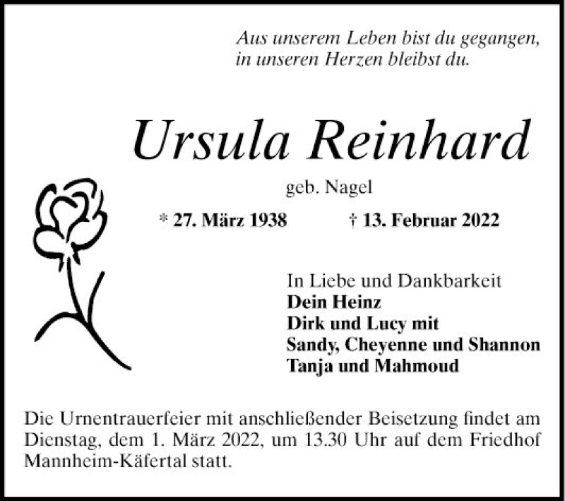  Traueranzeige für Ursula Reinhard vom 19.02.2022 aus Mannheimer Morgen