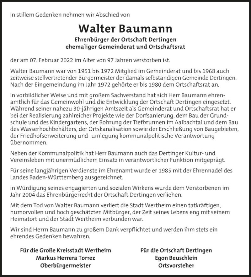  Traueranzeige für Walter Baumann vom 10.02.2022 aus Fränkische Nachrichten