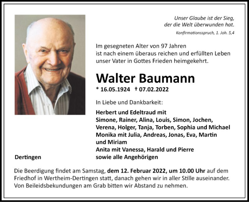  Traueranzeige für Walter Baumann vom 10.02.2022 aus Fränkische Nachrichten