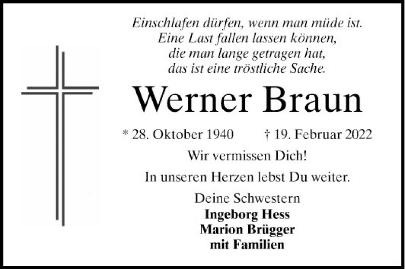  Traueranzeige für Werner Braun vom 25.02.2022 aus Mannheimer Morgen