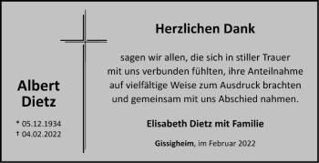 Traueranzeige von Albert Dietz von Fränkische Nachrichten