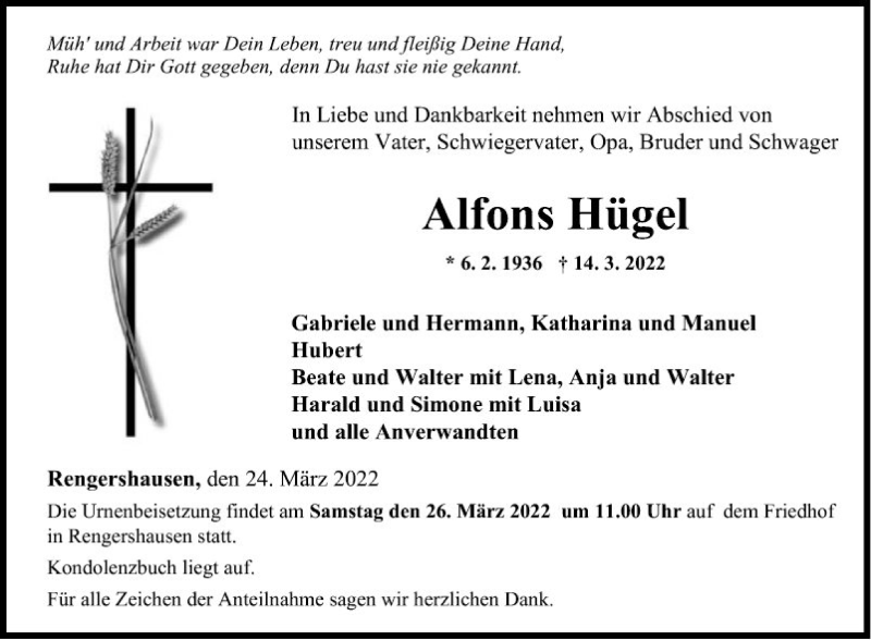  Traueranzeige für Alfons Hügel vom 24.03.2022 aus Fränkische Nachrichten