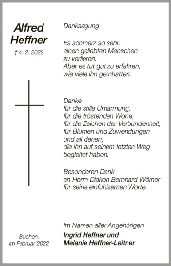 Traueranzeige von Alfred Heffner von Fränkische Nachrichten