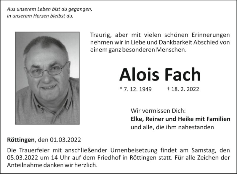  Traueranzeige für Alois Fach vom 03.03.2022 aus Fränkische Nachrichten