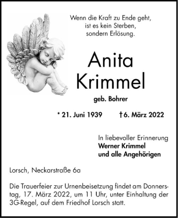 Traueranzeige von Anita Krimmel von Bergsträßer Anzeiger