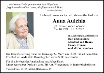 Traueranzeige von Anna Aulehla von Fränkische Nachrichten