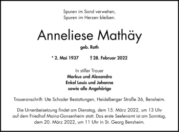 Traueranzeige von Anneliese Mathäy von Bergsträßer Anzeiger