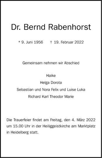 Traueranzeige von Bernd Rabenhorst von Mannheimer Morgen