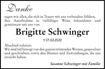 Traueranzeige von Brigitte Schwinger von Mannheimer Morgen