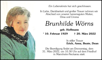 Traueranzeige von Brunhilde Wörns von Mannheimer Morgen