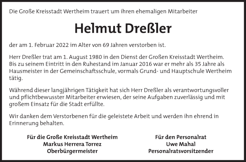  Traueranzeige für Helmut Dreßler vom 05.02.2022 aus 