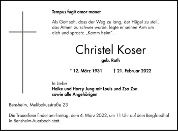 Traueranzeige von Christel Koser von Bergsträßer Anzeiger