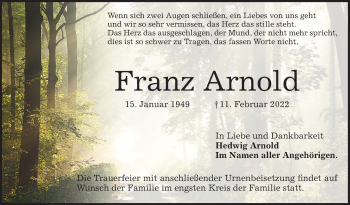 Traueranzeige von Franz Arnold von Mannheimer Morgen