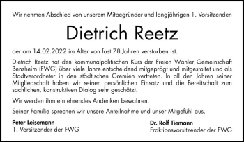 Traueranzeige von Dietrich Reetz von Bergsträßer Anzeiger