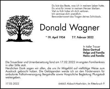 Traueranzeige von Donald Wagner von Bergsträßer Anzeiger