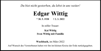 Traueranzeige von Edgar Wittig von Fränkische Nachrichten
