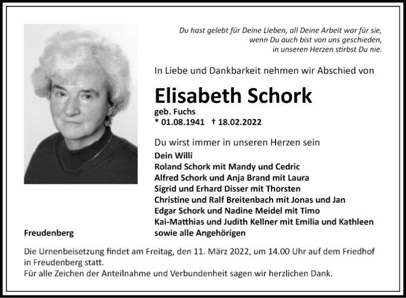  Traueranzeige für Elisabeth Schork vom 26.02.2022 aus Fränkische Nachrichten