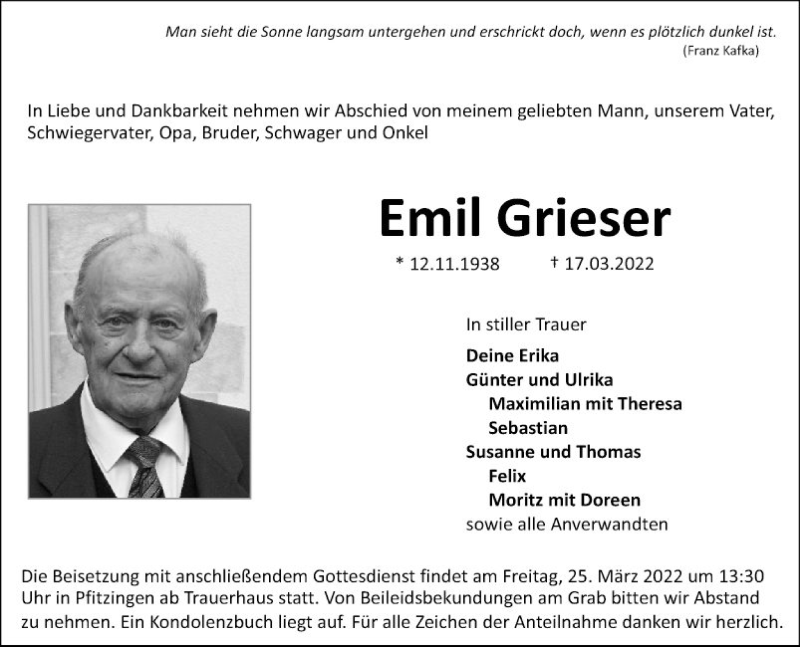  Traueranzeige für Emil Grieser vom 22.03.2022 aus Fränkische Nachrichten