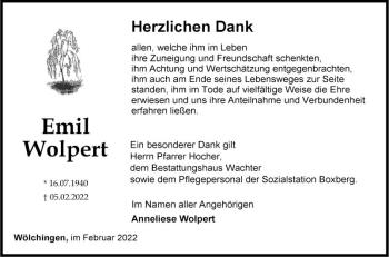 Traueranzeige von Emil Wolpert von Fränkische Nachrichten