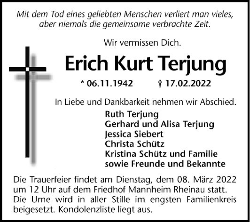  Traueranzeige für Erich Kurt Terjung vom 26.02.2022 aus Mannheimer Morgen