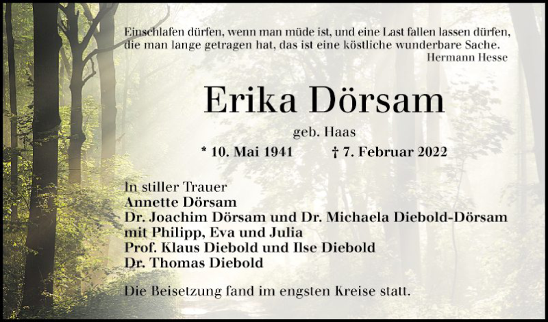  Traueranzeige für Erika Dörsam vom 26.02.2022 aus Schwetzinger Zeitung