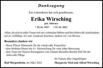 Traueranzeige von Erika Wirsching von Fränkische Nachrichten