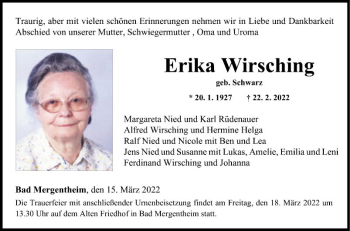 Traueranzeige von Erika Wirsching von Fränkische Nachrichten
