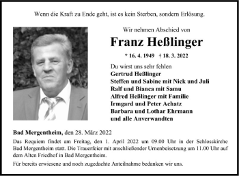 Traueranzeige von Franz Heßlinger von Fränkische Nachrichten