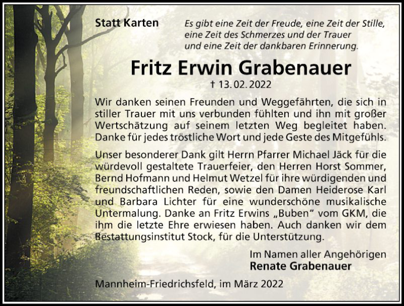  Traueranzeige für Fritz Erwin Grabenauer vom 12.03.2022 aus Mannheimer Morgen