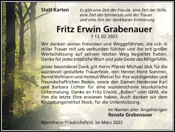 Traueranzeige von Fritz Erwin Grabenauer von Mannheimer Morgen