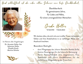Traueranzeige von Gerda Holler von Fränkische Nachrichten