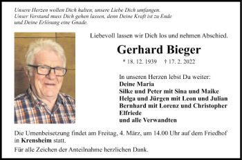 Traueranzeige von Gerhard Bieger von Fränkische Nachrichten