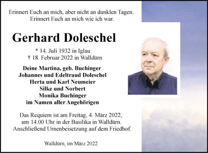  Traueranzeige für Gerhard Doleschel vom 01.03.2022 aus Fränkische Nachrichten