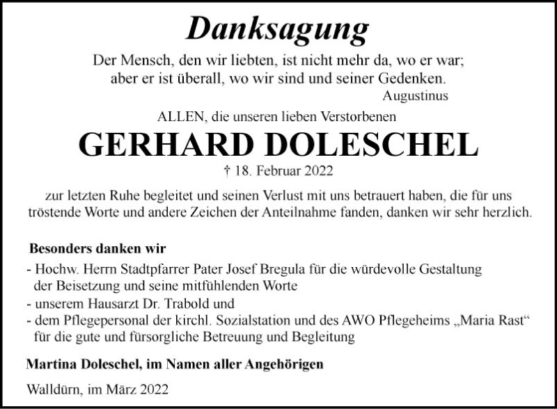 Traueranzeige für Gerhard Doleschel vom 15.03.2022 aus Fränkische Nachrichten