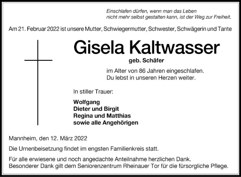  Traueranzeige für Gisela Kaltwasser vom 12.03.2022 aus Mannheimer Morgen