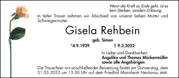 Traueranzeige von Gisela Rehbein von Mannheimer Morgen