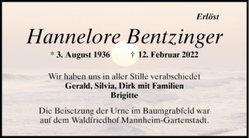 Traueranzeige von Hannelore Bentzinger von Mannheimer Morgen