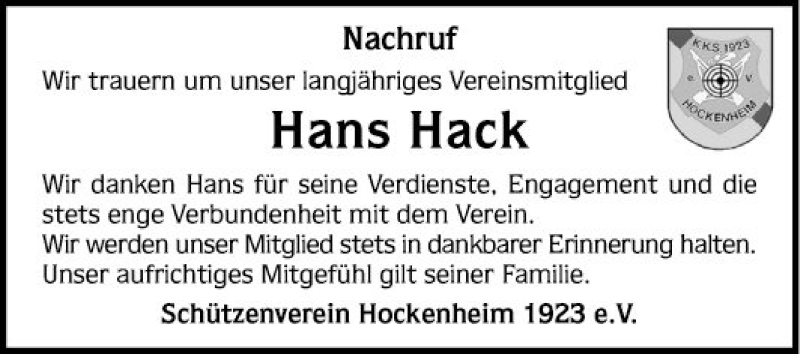  Traueranzeige für Hans Hack vom 05.03.2022 aus Schwetzinger Zeitung
