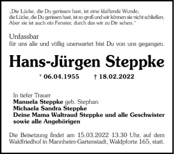 Traueranzeige von Hans-Jürgen Steppke von Mannheimer Morgen