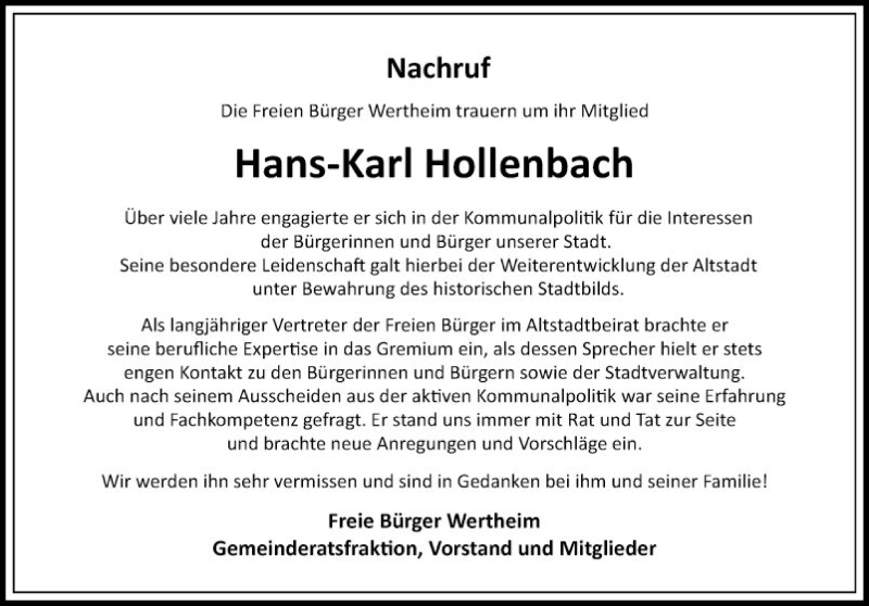  Traueranzeige für Hans-Karl Hollenbach vom 26.02.2022 aus Fränkische Nachrichten