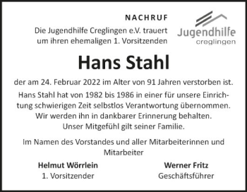 Traueranzeige von Hans Stahl von Fränkische Nachrichten