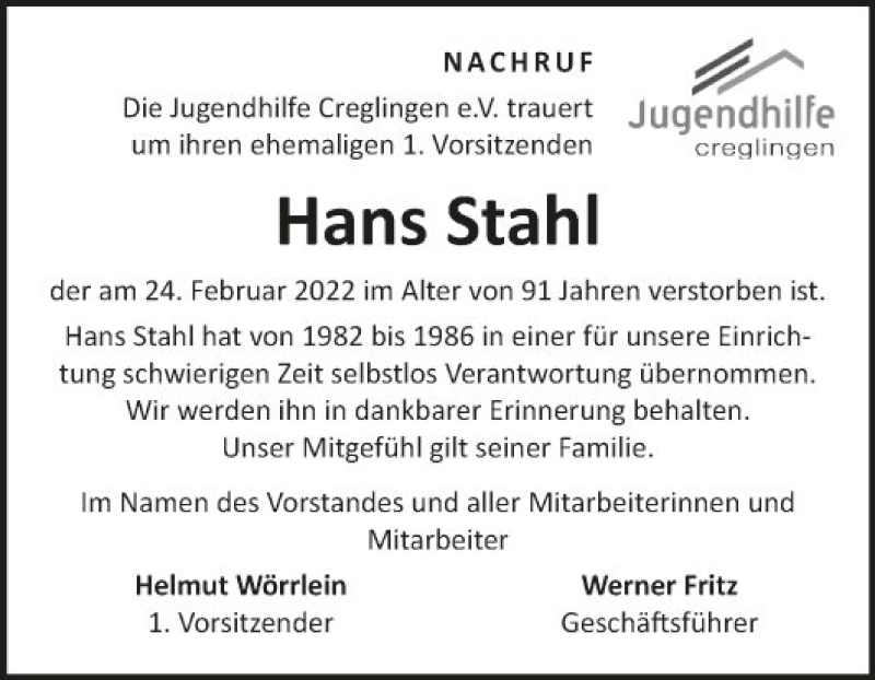  Traueranzeige für Hans Stahl vom 02.03.2022 aus Fränkische Nachrichten