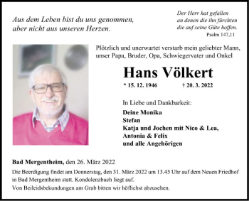 Traueranzeige von Hans Völkert von Fränkische Nachrichten