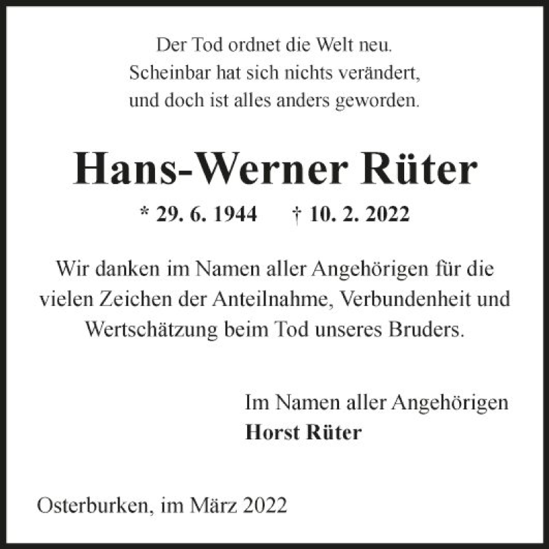  Traueranzeige für Hans-Werner Rüter vom 16.03.2022 aus Fränkische Nachrichten