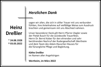 Traueranzeige von Heinz Dreßler von Fränkische Nachrichten