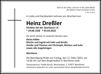 Traueranzeige von Heinz Dreßler von Fränkische Nachrichten