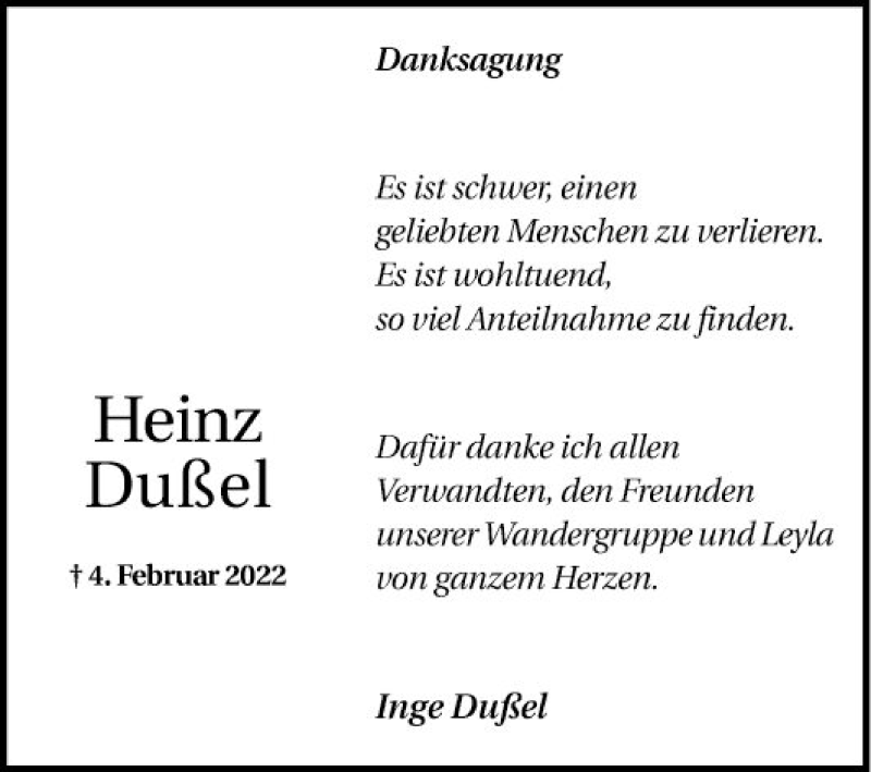  Traueranzeige für Heinz Dußel vom 05.03.2022 aus Mannheimer Morgen