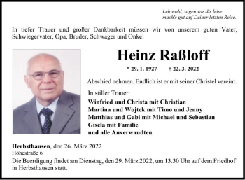 Traueranzeige von Heinz Raßloff von Fränkische Nachrichten