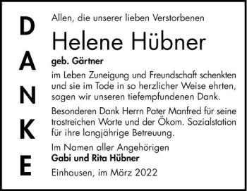 Traueranzeige von Helene Hübner von Bergsträßer Anzeiger